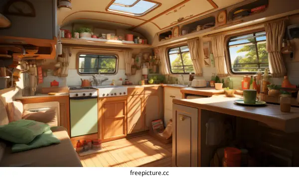 Cozy interior of a vintage camper van