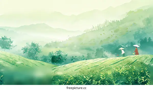 Asian Tea Farmers in Lush Green Tea Fields