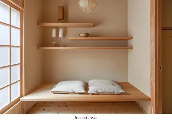Minimalist Japanese Style Interior Design with Wooden Shelves and Cushions