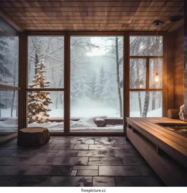 Wooden house interior with large windows overlooking snowy forest