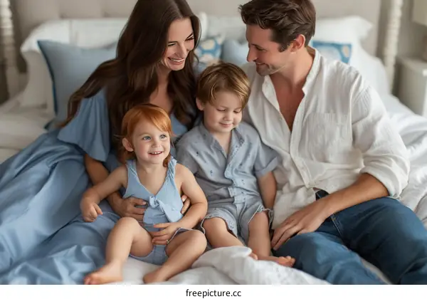 Family in blue clothes sitting on a bed smiling