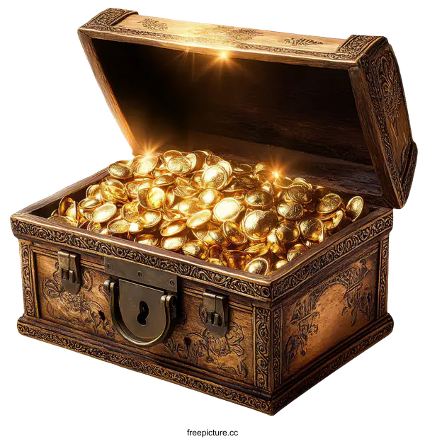 [Transparent Background PNG]Antique Treasure Chest Filled with Gold Coins