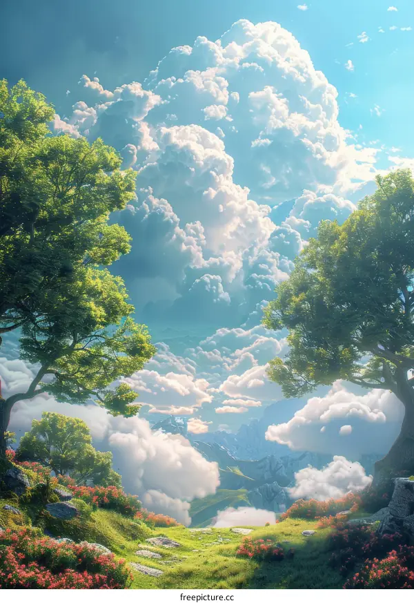 Enchanting Fantasy Forest Landscape with Majestic Mountains