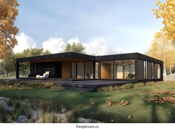 Modern Black House with Large Windows in Autumn Landscape