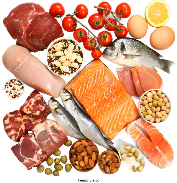 [Transparent Background PNG]Healthy Food Choices Meat Fish Vegetables and Nuts