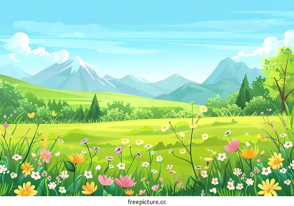 Beautiful Green Meadow with Mountain Background