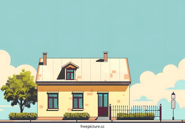 Yellow House with a Metal Roof and a Fence