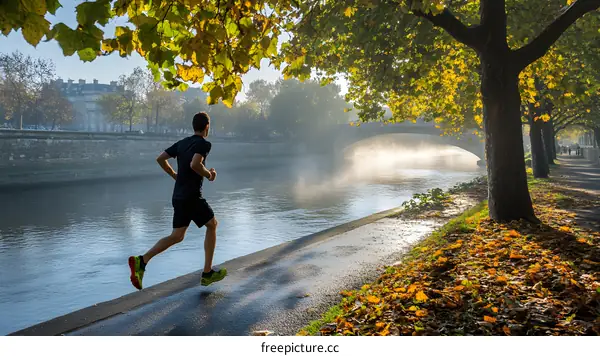 Man Running Along River Path In Autumn