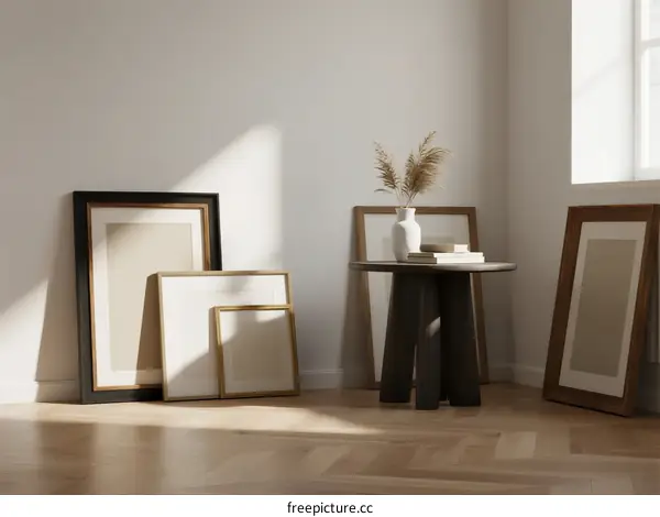 Minimalist interior room with empty picture frames and pampas grass