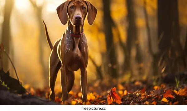 A Vizsla dog standing in a forest with fallen leaves