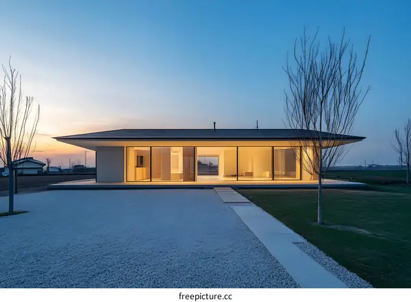 Modern Minimalist House With Large Glass Windows And Concrete Patio