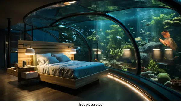 Amazing bedroom with huge curved glass window looking into an underwater world