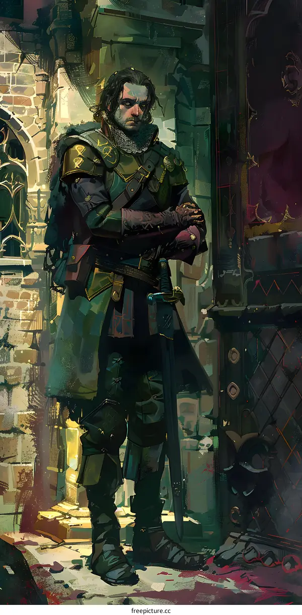 Medieval Fantasy Character Illustration Standing In Front Of A Stone Wall