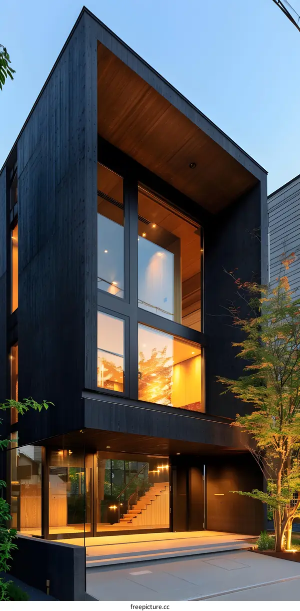 Modern Black House with Large Windows and a Wooden Roof