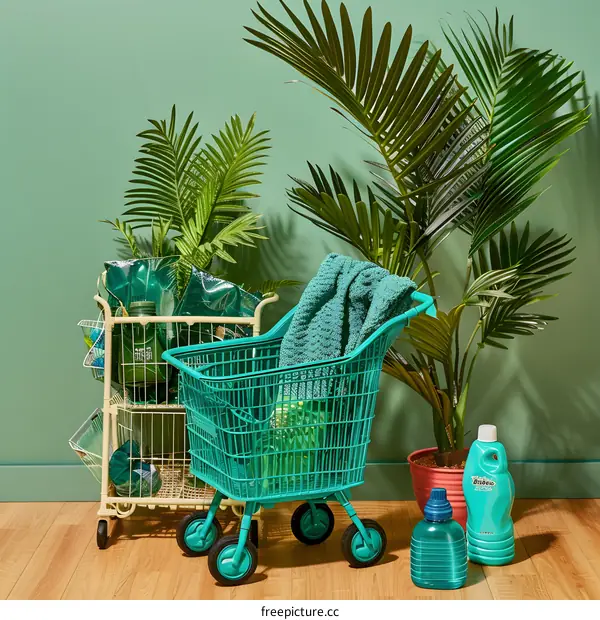 Green Shopping Cart With Plants And Cleaning Supplies