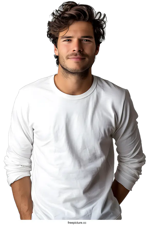 [Transparent Background PNG]Handsome man with brown hair and beard wearing white long sleeved t-shirt looking at camera