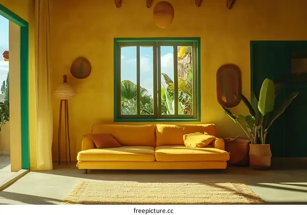 Yellow Living Room With Green Accents And Tropical Plants