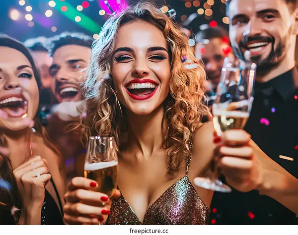 Group of Friends Celebrate New Year Party with Champagne