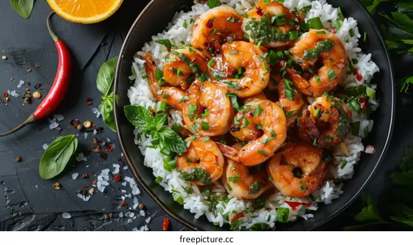 A plate of shrimp with rice and vegetables