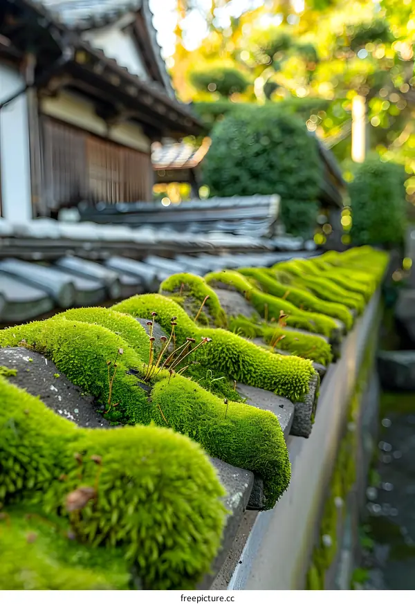 Close Up of Green Moss on a Tile Roof
