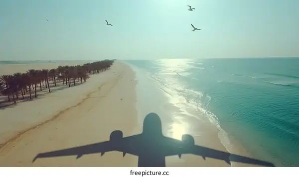 airplane shadow on beach with palm trees and seagulls flying above