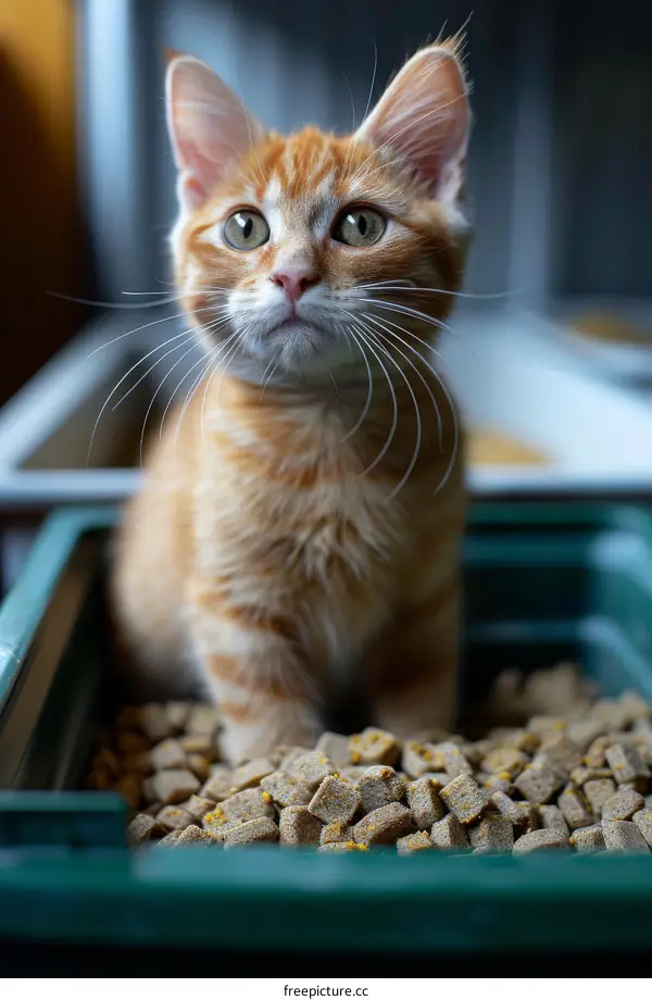A ginger kitten standing in a litter box full of cat food