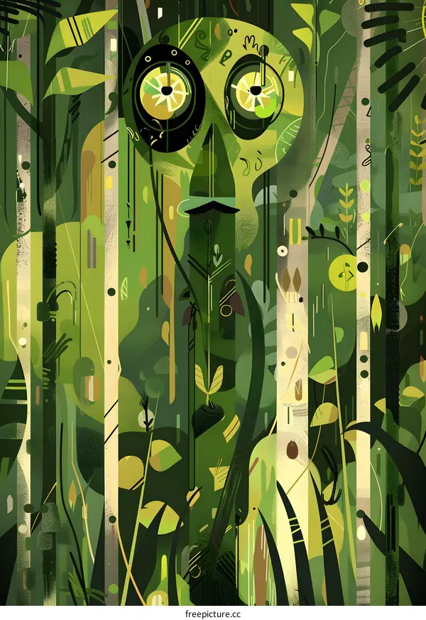 Abstract Green Skull with Forest Background