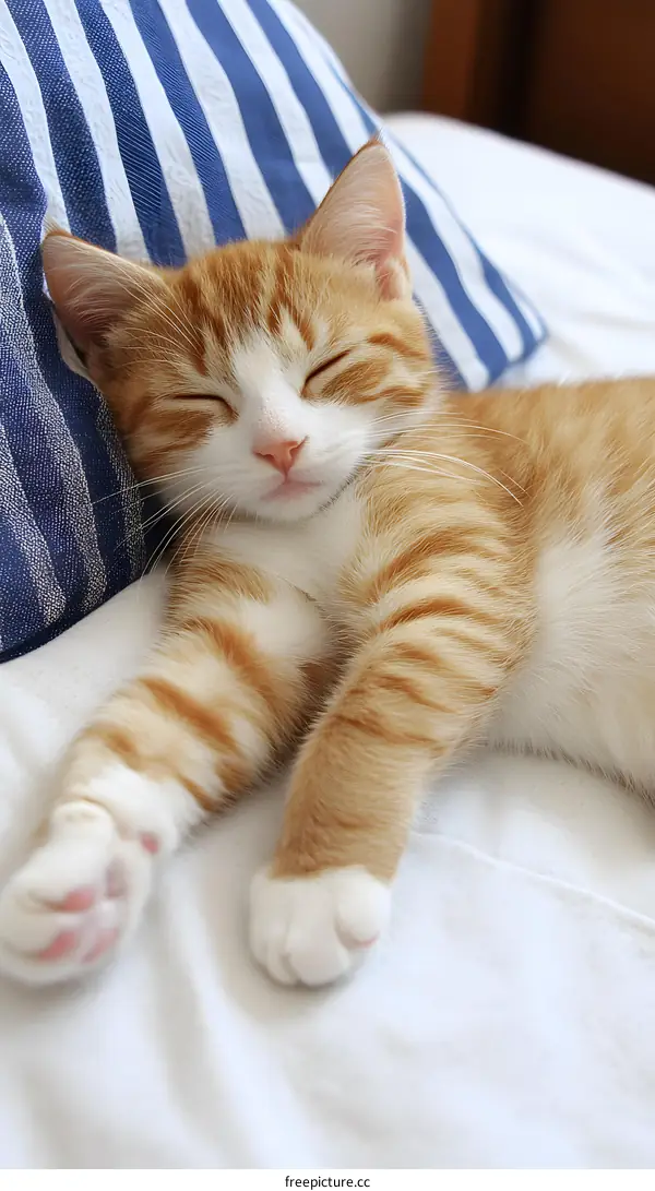 Orange and White Kitten Sleeping on a Striped Pillow
