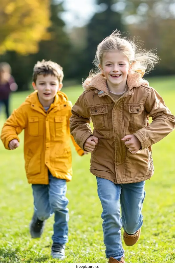 Two Children Running Outdoors in Autumn