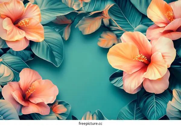 Tropical Floral Frame with Pink Hibiscus and Green Leaves