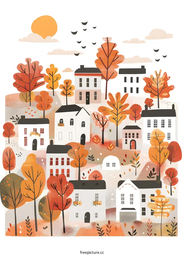 Autumn Village Illustration with Houses and Trees