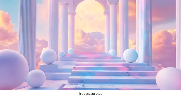 White Marble Columns with Ornate Archway and Steps Leading to a Pink and Blue Sky