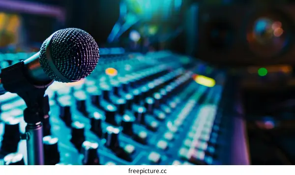 Close-up of a microphone in a recording studio with a mixing console in the background