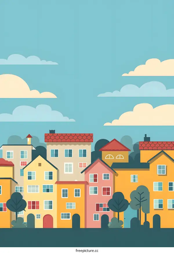 Colorful Illustration of Houses with Blue Sky and Clouds
