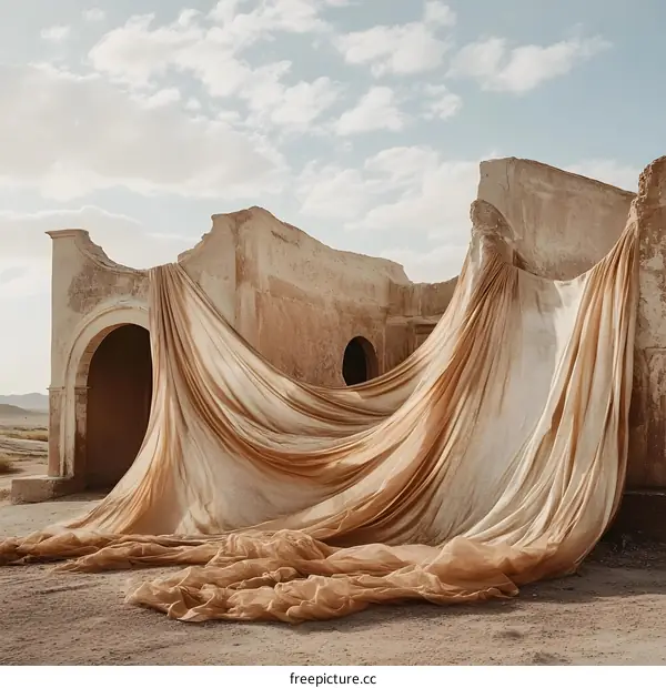 Beige Fabric Draped Over Ruined Building in Desert Landscape