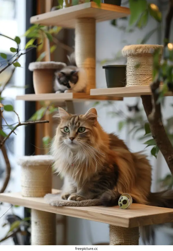 A ginger cat sitting on a cat tree looking out the window