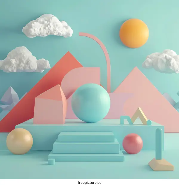 3D geometric shapes in a surreal landscape