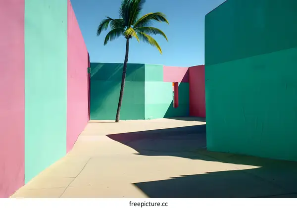 Palm Tree in Colorful Minimalist Architecture
