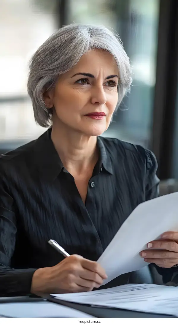 Thoughtful Senior Woman Review Documents