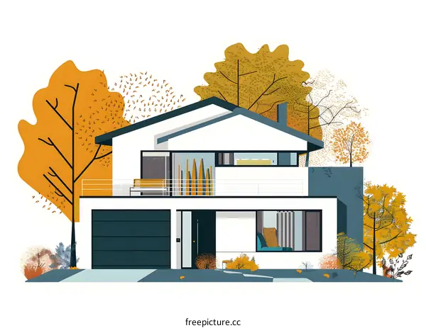 Modern House with Autumn Trees Illustration