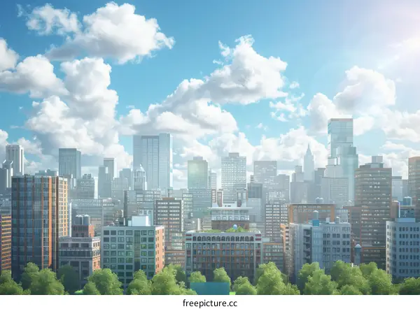 Modern City Skyline with Lush Green Park