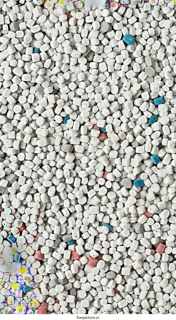 A close-up image of a pile of white, blue, and pink plastic pellets
