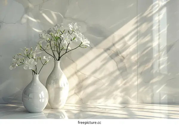 White Vases with Flowers on Marble Wall