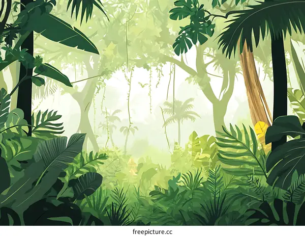 Jungle Landscape with Lush Green Foliage and Sunlight