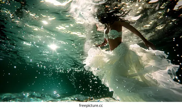 Underwater photoshoot of a woman in a white dress