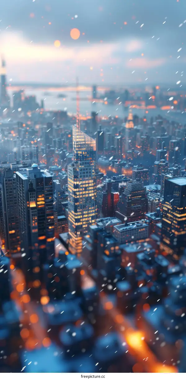 Snowy Winter Nighttime View of New York City's Skyline