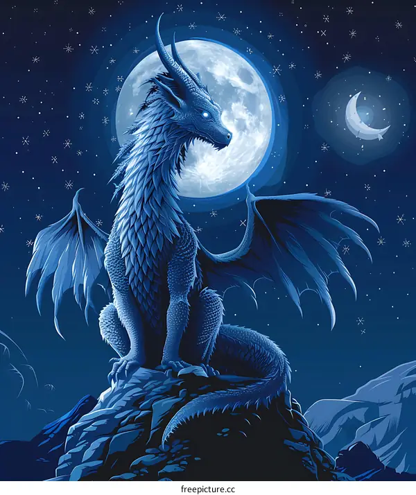Blue Dragon Fantasy Illustration Under Moonlight