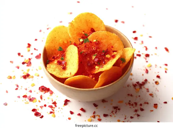 Spicy Potato Chips in a Bowl on White Background