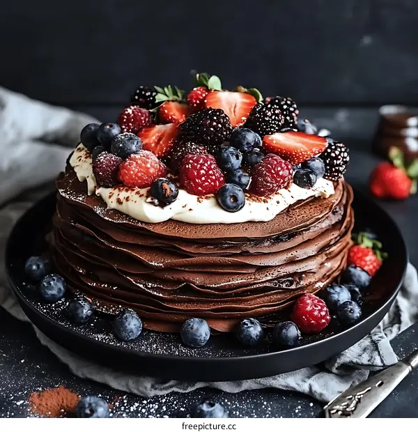 Delicious Chocolate Crepe Cake with Berries