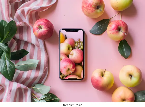 Red and Green Apples with Phone on Pink Background
